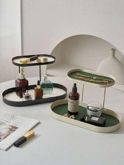 1PC Double Oval Box Minimalist Iron Shelf With Synthetic Leather Mat Cosmetics Jewelry Keys Perfume Lipstick Holder Desk Organizer Tray For Living Room Bedroom Bathroom Home Storage