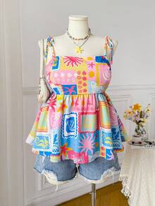 SHEIN EZwear 大码女式印花褶皱休闲百搭日常吊带背心 - 彩色 - 查看 6