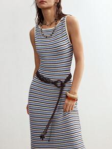 Bohemela 女士休闲针织条纹露背美人鱼连衣裙 - 藍色 - 查看 6