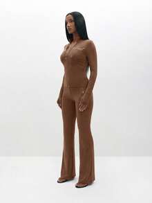 BABYPHAT Ribbed Pull On Flare Leggings High Waisted Stretch Bootcut Pants Fall Winter Casual Everyday - Chocolate Brown - View 3