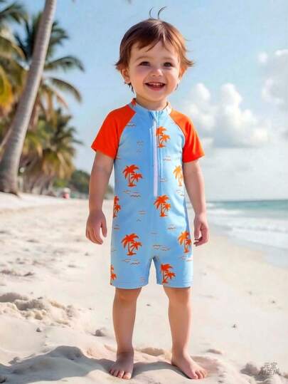Baby Boys' Swimwear, New Blue Casual Coconut Tree Print One-Piece Swimsuit, Lively And Energetic For Water Play, Suitable For Swimming Pool, Beach, Photo Shooting, Gift For Christmas, New Year, Valentine's Day, Halloween, April Fool's Day