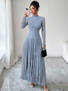 Modelyn Đầm ren màu đỏ rượu vang cổ cao, eo thắt eo dành cho nữ - Màu xanh bụi bặm - Xem 5