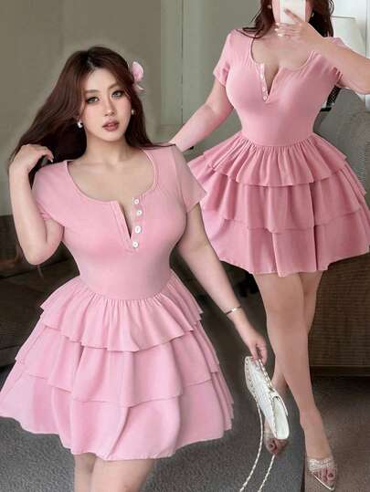 Vibekara Bodycon Knit Stretch Cake Dress Puff Dress Pink Ruffle Dress Pink Tea Party Dress Feminine Dress Dress Pink