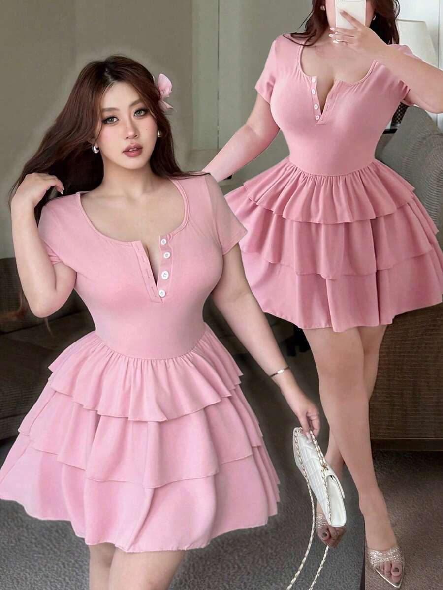 Vibekara Bodycon Knit Stretch Cake Dress Puff Dress Pink Ruffle Dress Pink Tea Party Dress Feminine Dress Dress Pink - Pink - View 1