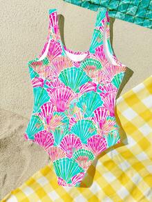 复古可爱彩色贝壳图案，ins风，少女休闲简约连体泳衣，适合夏季穿着 - 彩色 - 查看 2