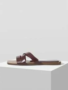 Mnmlis Two-Color Square Toe Minimalist Casual Daily Wear Spring And Summer Beach Flat Sandals - Burgundy - View 2