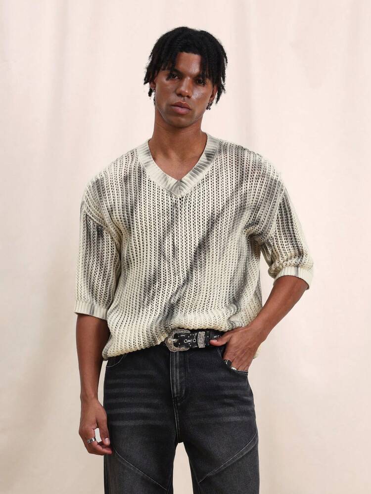 SUMWON 남성용 박시 핏 오픈 니트 브이넥 반팔 상의, 타이 다이 효과 패턴 여름 캐주얼 경량 풀오버 니트 셔츠