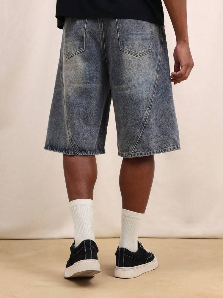 Men's Relaxed Fit Vintage Wash Denim Shorts With Studded Side Panels And Distressed Details For Summer Casual Streetwear