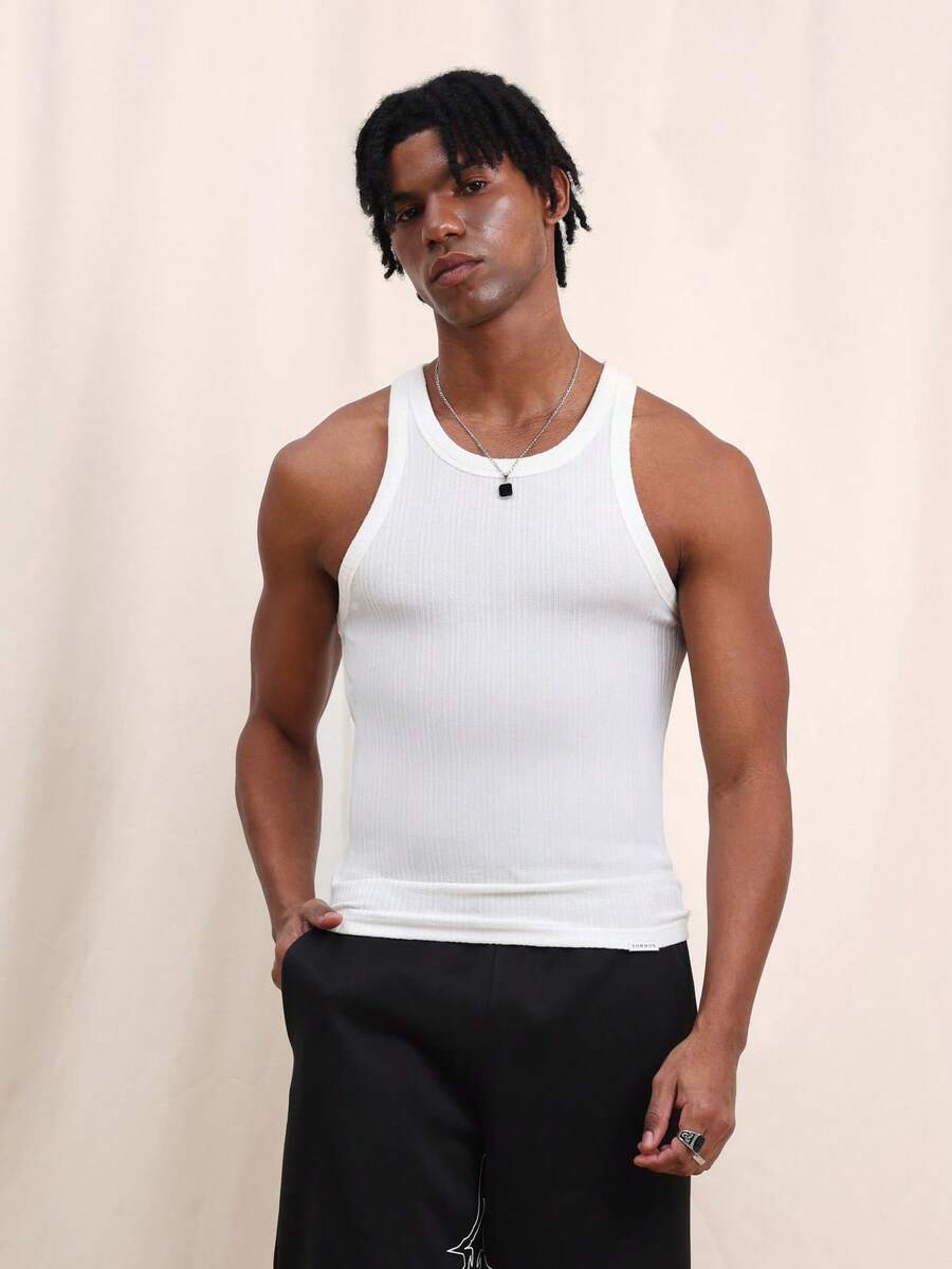 SUMWON Men's Ribbed Tank Top Sleeveless Crew Neck Summer Casual Undershirt Basic Solid Color Comfortable Fit Everyday Wear - White - View 1