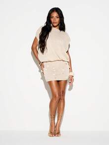 KIZN Womens Beige Open Back Chunky Knit Shell Embellished Mini Sweater Dress Fall Winter Bodycon Party Cocktail Evening - Khaki - View 3