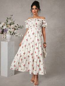 Momance Fashionable Maternity Printed Shirred Dress - White - View 5