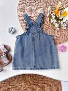 SHEIN 女婴可爱粉色蝴蝶结牛仔连衣裙，儿童女孩春夏休闲度假乡村波西米亚风服装，儿童女孩沙滩装，春假装，锐舞节牛仔连衣裙 - 淺色水洗藍 - 查看 2