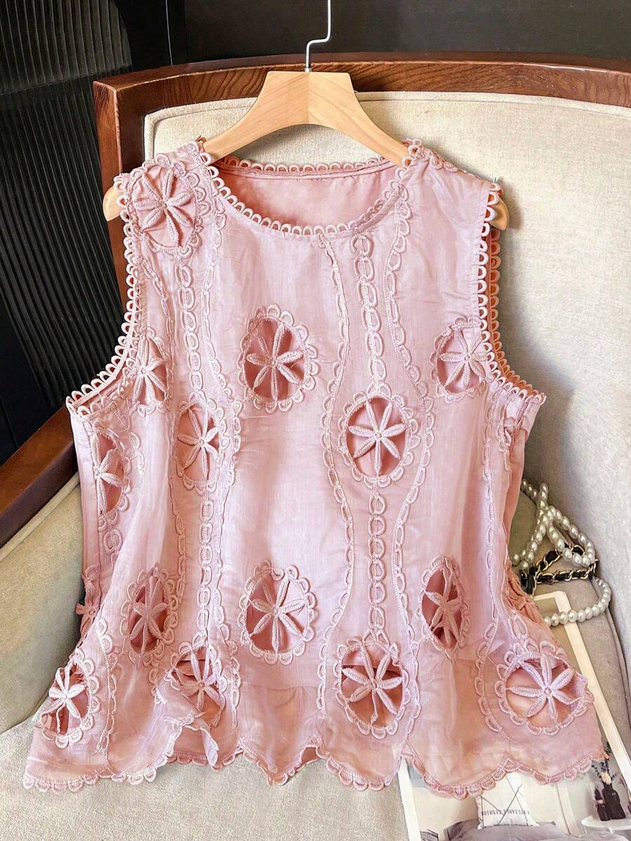 Lacomfia Camiseta sin mangas de mujer con cuello redondo elegante y minimalista, con diseño floral calado y talla grande - Rosa - Ver 1