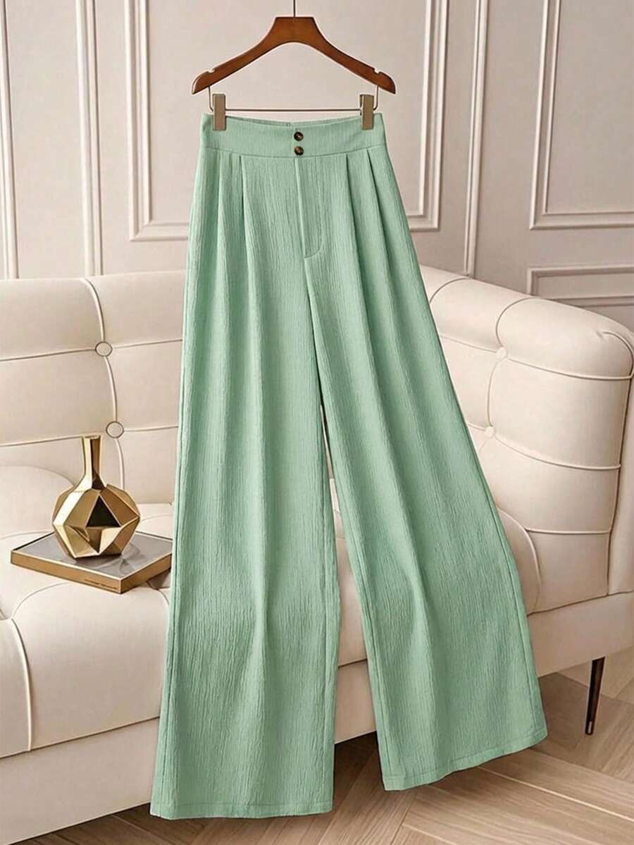 Tween GirlsTextured Vertical Striped Black Loose Button Pants - Green - View 1