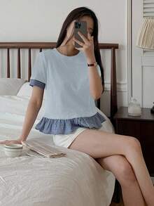 DAZY Áo thun nữ mùa hè cổ tròn tay ngắn kẻ caro phối màu dáng ngắn dễ thương - Màu xanh nhạt - Xem 3