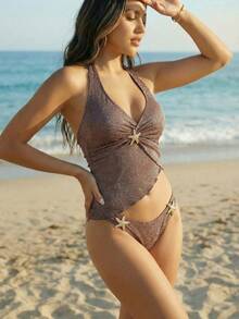 Glamine Conjunto de tankini asimétrico con volantes y lazada en dorado y plateado metálico. Traje de baño de una pieza metálico con estrella de mar. Traje de baño de mujer marrón con strass. Atuendos de playa, atuendos para citas en la playa, atuendos para festivales de música, atuendos para fiestas, atuendos para fiestas en la playa, con estilo elegante y sexy. - Morado - Ver 5