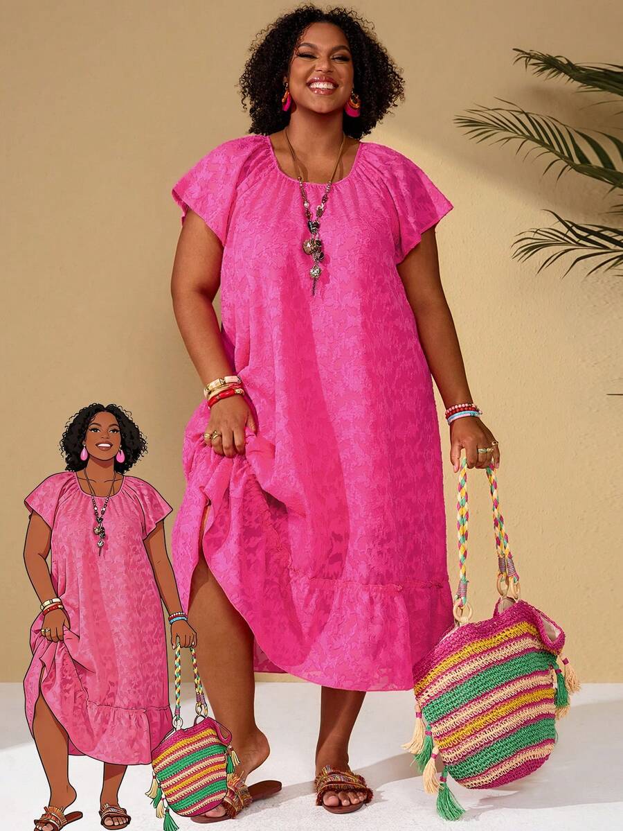 EMERY ROSE Đầm dáng rộng mùa hè cỡ lớn, tối giản, chất liệu jacquard, có bèo nhún. - Màu Hồng Tươi - Xem 1