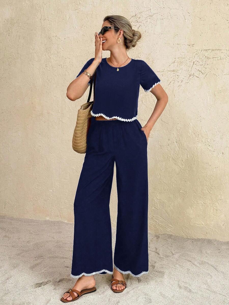 SHEIN Frenchy Bộ đồ nữ gồm áo tay ngắn cổ tròn phối màu và quần ống rộng, kiểu dáng thường ngày. - Màu xanh hải quân - Xem 1