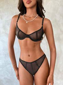 Aloruh Summer,Spring, Sheer Mesh Underwire Lingerie Set - Black - View 5