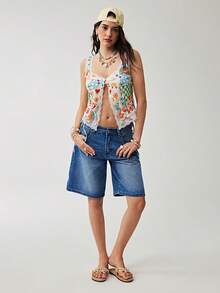 Soleia Women's Floral Print Contrast Lace Sleeveless Top - Multicolor - View 1