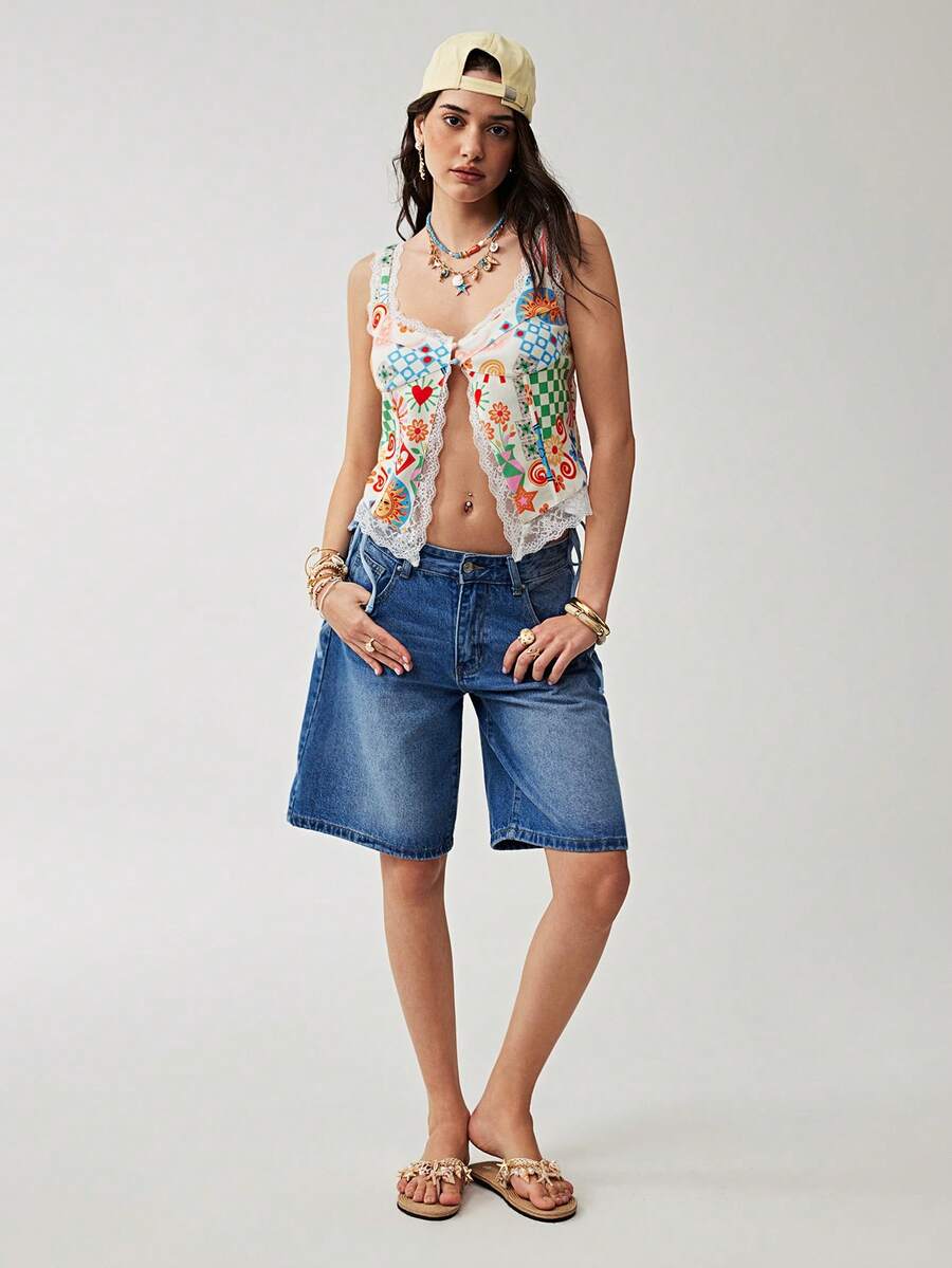 Soleia Women's Floral Print Contrast Lace Sleeveless Top - Multicolor - View 1