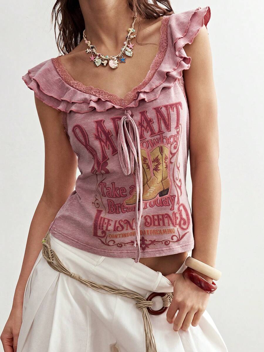 Bohemela 女士休闲纯色针织短袖T恤 - 粉色 - 查看 1