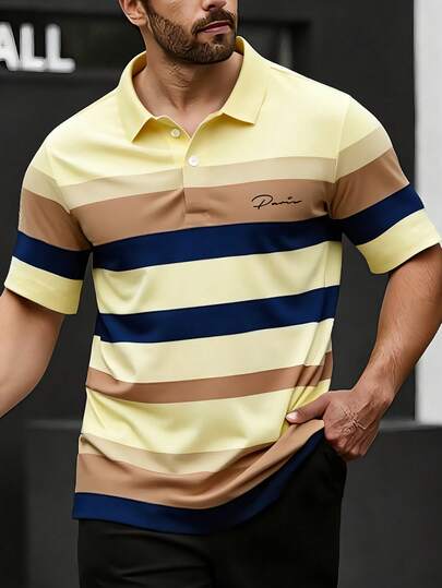 Manfinity Homme Camisa polo de hombre de estilo de negocios casual a rayas amarillas, marrones y azules, camisa de manga corta casual de estilo maduro con logotipo en el pecho, camisa de manga corta casual de contraste de color, camisa polo de hombre con cuello a rayas de contraste, textura minimalista, adecuada como regalo para seres queridos