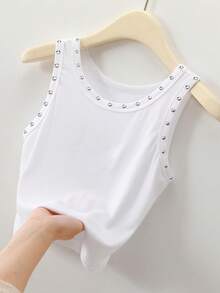 INAWLY Top de tirantes con lentejuelas y aplicaciones de lentejuelas, estilo de ropa urbana, camisa corta de moda - Blanco - Ver 3