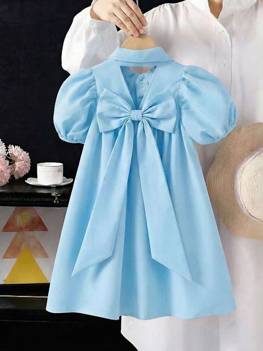 SHEIN 女童夏季休闲蝴蝶结装饰花瓣袖连衣裙 - 淺藍色 - 查看 1
