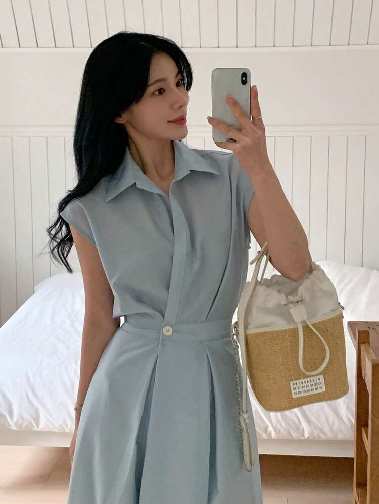 Women's Casual Solid Color Waist Cinched Mid-Length Dress Summer Sun Dresses For Women
