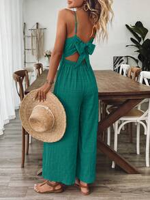 Breezaya Mono de mujer con cuello en V, espalda descubierta y tirantes con lazo, color rosa rojo, para primavera/verano - Verde Oscuro - Ver 2