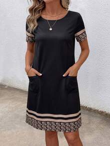 EMERY ROSE 女士休闲简约几何格纹复古印花短款迷你连衣裙，适合夏季穿着，时尚休闲。 - 黑色 - 查看 3