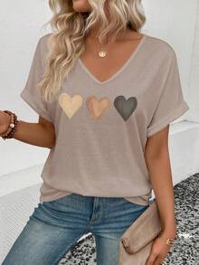 女士春夏新款渐变爱心印花休闲百搭T恤 - 卡其色 - 查看 6