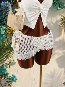 Amplova Women's White Contrast Lace Hollow-Out Skirt Summer Boho Beach Holiday Outfits, Y2k Spring Festival Easter Skirt,Elegant Wedding Guest Party Skirt - Apricot - View 2