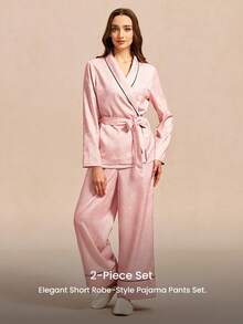 LUVLETTE 优雅日常休闲粉色缎面睡衣套装 - 裹身式上衣和黑色滚边阔腿裤，时尚家居服睡衣婚礼单品 - 粉色 - 查看 7