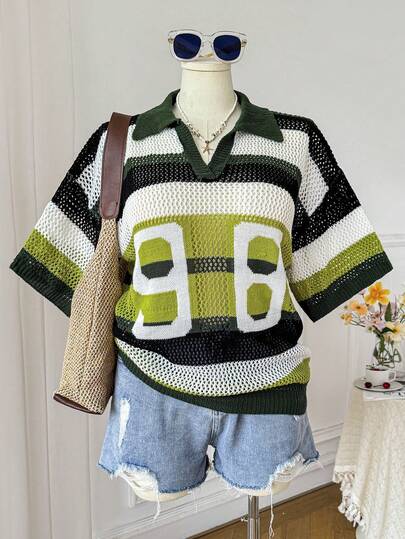 Comfortcana Plus Size Vacation Casual Colorblock Striped Hollow Out Knit Sweater