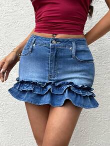 Sunnyshic 女士牛仔裙，带口袋和荷叶边裙摆 - 中等水洗藍 - 查看 4