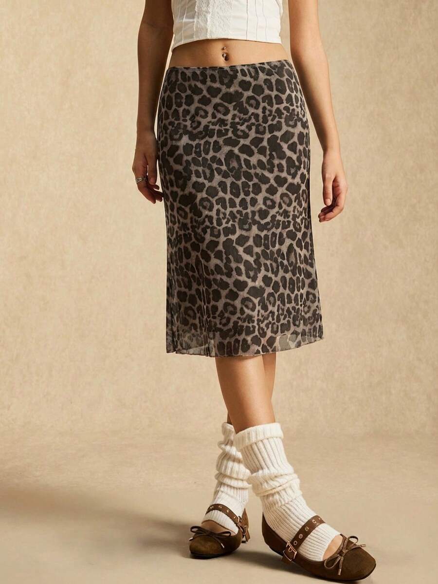 Easelle 女士豹纹休闲铅笔裙 春夏派对装扮 优雅棕色铅笔裙 女士豹纹休闲裙 女士猎豹纹裙 Y2K中长裙 女士裙装 动物纹印花裙 - 棕色 - 查看 1