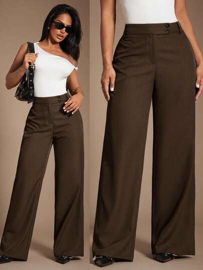 Radiana Pantalones rectos de tiro alto de color marrón de estilo minimalista y elegante para mujer, pantalones de traje marrones, pantalones de tiro alto, pantalones casuales sueltos, pantalones de pierna ancha, ropa de mujer de negocios casual, ropa de estilo retro elegante y vintage, conjunto minimalista urbano y cómodo, adecuado para salidas diarias, oficina, negocios, viajes, ocasiones formales