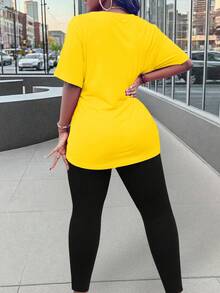 Maweii 女士休闲字母印花T恤和打底裤两件套，夏季 - 彩色 - 查看 2