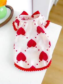 PETSIN 1pc Cute Love Printed Pet Tank Top With Large Red Bow Decoration For Puppy Clothes, Soft And Breathable Cat And Dog Knitted T-Shirt - Red - View 8