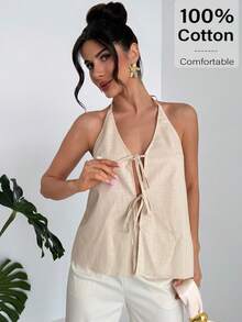 Firerie Women's Elegant Front Bow Tie Halter Linen Blouse - Apricot - View 2