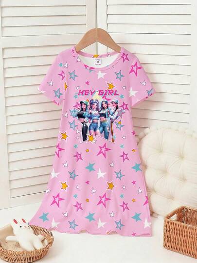 Girls' Pink Star Print Cartoon Pattern Sweet & Energetic Style Knit Fabric Round Neck Short Sleeve Nightgown Loungewear