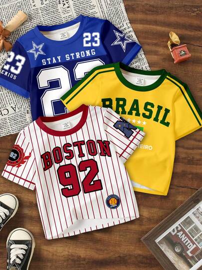 SHEIN 3件套男婴休闲简约Y2K风格英文字母数字23运动复古美式拼接舒适短袖圆领T恤套装，适合春夏穿着