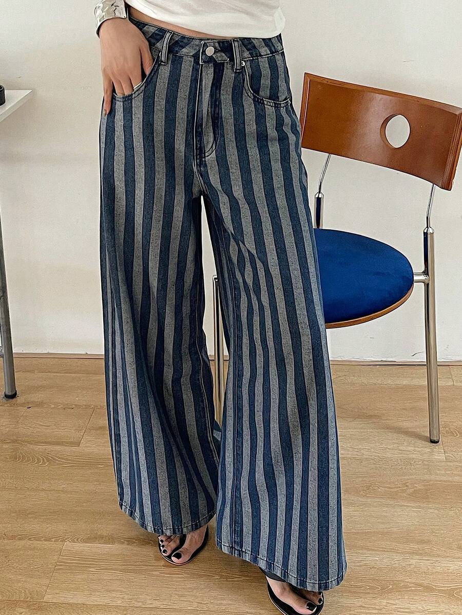 Livesso Quần jeans ống rộng dáng suông thoải mái kẻ sọc có túi dành cho nữ - Màu xanh lam - Xem 1