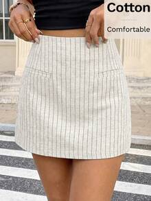 Serisse 女士条纹休闲百搭日常迷你裙 - 杏色 - 查看 7