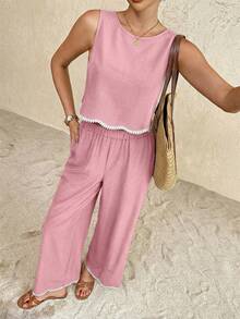 Frenchy Conjunto de 2 piezas de camiseta sin mangas y pantalones con ribete de contraste para vacaciones casuales de mujer - Rosa - Ver 6