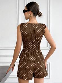 Serisse 2 piezas Conjunto casual de mujer con blusa con volantes y lunares y shorts - Marrón - Ver 2
