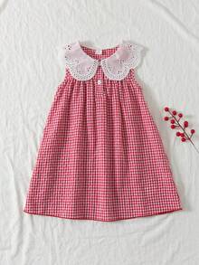 Đầm công chúa không tay cổ ren màu đỏ trắng kẻ caro năng động mới dành cho bé gái, thích hợp cho tiệc sinh nhật và mùa hè. - Đỏ - Xem 7