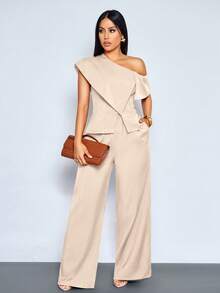 女士优雅复古商务休闲两件套，不对称领口收腰单排扣衬衫搭配阔腿口袋细节长裤，完美适用于度假和日常通勤。 - 杏色 - 查看 3